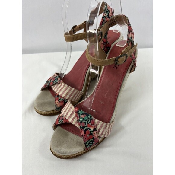 Sperry Topsiders Platform Wedge Heels Sandals Red Floral Print Stripe 9.5 M Rope - Picture 1 of 15
